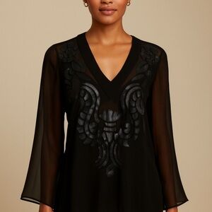 Vintage 90s Y2K Cache Blouse Women’s XS Black Sheer Faux Leather Dark Feminine